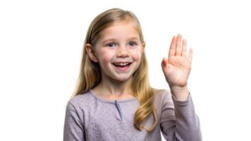 Smiling young girl waving on a black background, cheerful child portrait with friendly gesture. png