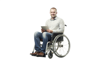 Smiling man in a wheelchair working on a laptop on a black background, adult using assistive technology. png