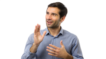 Smiling man signing in American Sign Language on a black background, communication through ASL. png