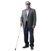 Elderly man in a suit using a white cane on a black background, symbol of mobility assistance. png