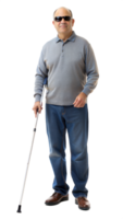 Smiling elderly man with a cane standing confidently on a black background, senior with mobility aid. png