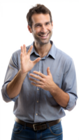 Smiling man signing in American Sign Language on a black background, adult using sign language. png