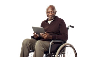 Smiling elderly man in a wheelchair using a tablet on a black background, symbol of assistive technology and accessibility. png