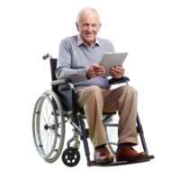 Happy elderly man in a wheelchair using a tablet on a black background, symbol of technology and accessibility. png