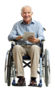Elderly man in a wheelchair using a tablet on a black background, symbol of technology and support. png