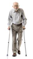 Elderly man walking with crutches on a black background, symbol of physical aid and mobility support. png