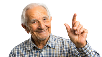 Smiling elderly man pointing upwards on a black background, symbol of positivity and joy in old age. png