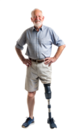 Smiling elderly man with a prosthetic leg on a black background, symbol of mobility and assistive technology. png