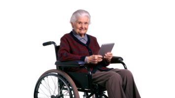 Smiling elderly woman in a wheelchair using a tablet on a black background, symbol of technology and accessibility. png