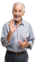 Elderly man making a hand gesture on a black background, symbol of sign language and communication in old age. png