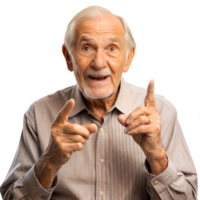 Smiling elderly man pointing forward on a black background, symbol of happiness and positivity in senior life. png