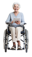 Elderly woman in a wheelchair smiling and using a tablet on a black background, symbol of assistive technology and support. png