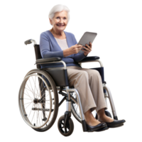 Smiling elderly woman in a wheelchair using a tablet on a black background, symbol of technology and assistive devices. png