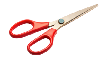 Red handled scissors on a black background, symbol of cutting tools and crafting work. png