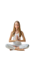 Young girl practicing meditation in a seated pose with hands resting on knees on a transparent background png