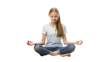 joven niña meditando en un sentado actitud practicando atención plena y relajación en un transparente antecedentes png