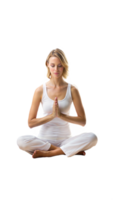 Woman practicing meditation in lotus pose with hands resting in lap on a transparent background png