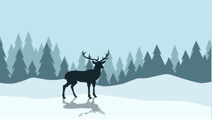 Wildlife landscape of reindeer in a winter scenery. Panoramic view of reindeer on a snowy hill with coniferous trees. Illustration of scenic landscape with reindeer on cold season