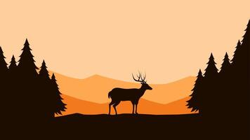 Wildlife landscape of deer silhouette on a mountain ridge scenery. Panoramic view of deer on hill with coniferous tree. Illustration of scenic landscape with deer in the pine forest vector