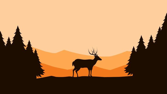 Wildlife landscape of deer silhouette on a mountain ridge scenery. Panoramic view of deer on hill with coniferous tree. Illustration of scenic landscape with deer in the pine forest