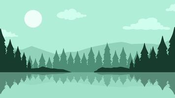 Landscape of mountain lake scenery. Panoramic view of mountain and pine forest with serene lake. Illustration of tranquil landscape with coniferous tree and mountain reflection on the water vector