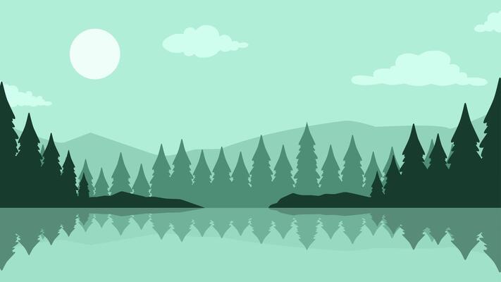 Landscape of mountain lake scenery. Panoramic view of mountain and pine forest with serene lake. Illustration of tranquil landscape with coniferous tree and mountain reflection on the water