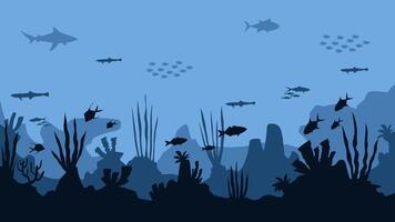 Underwater landscape of fishes and coral reefs scenery. Panoramic view of tropical fish and shark in aquatic environment. Illustration of marine life with sea animal and nautical vegetation vector