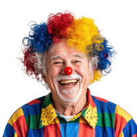 Smiling senior man wearing clown curly wig colorful celebrating april fool, standing isolate on transparent background png