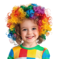 Smiling little girl wearing clown curly wig colorful celebrating april fool, standing isolate on transparent background png