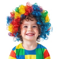 Smiling little boy wearing clown curly wig colorful celebrating april fool, standing isolate on transparent background png