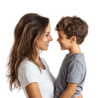 Mother and son celebrating mother day, standing side view isolate on transparent background png
