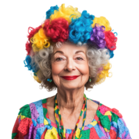 Smiling senior woman wearing clown curly wig colorful celebrating april fool, standing isolate on transparent background png