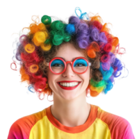 Smiling woman wearing clown curly wg colorful celebrating april fool, standing isolate on transparent background png