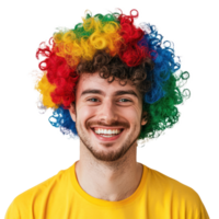 Smiling man wearing clown curly wig colorful celebrating april fool, standing isolate on transparent background png