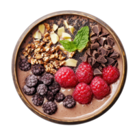 chocolate smoothie bowl with raspberries, nuts and mint isolate on transparent background png