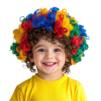 Smiling little boy wearing clown curly wig colorful celebrating april fool isolate on transparent background png