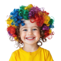 Smiling Little girl wearing clown curly wig colorful isolate on transparent background png