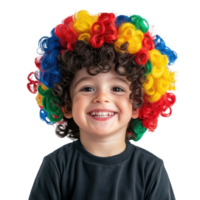 a little boy wearing a clown wig isolate on transparent background png