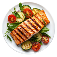 Grilled Salmon with Vegetables top view isolate on transparent background png