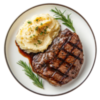 Steak with Mashed Potatoes top view isolate on transparent background png