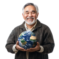 Smiling Senior man holding earth, Earth day celebration side view isolate on transparent background png