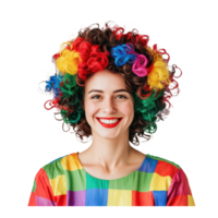 Smiling woman wearing clown curly wig colorful celebrating april fool, standing isolate on transparent background png