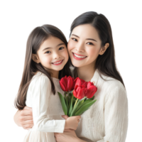 Mother and daughter celebrating mother day, standing front view isolate on transparent background png