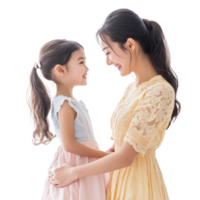Mother and daughter celebrating mother day, standing side view isolate on transparent background png