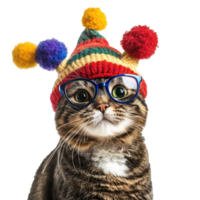 A cat wearing clown jester hat and glasses, full length isolate on transparent background png