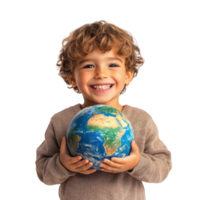 Smiling little boy holding earth, Earth day celebration side view isolate on transparent background png