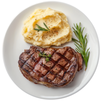 steak and mashed potatoes on a plate with rosemary png