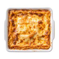 lasagna in a square baking dish on transparent background png