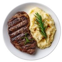 steak and mashed potatoes on a plate with rosemary isolate on transparent background png