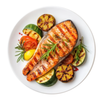 grilled salmon steak with vegetables on a plate isolate on transparent background png